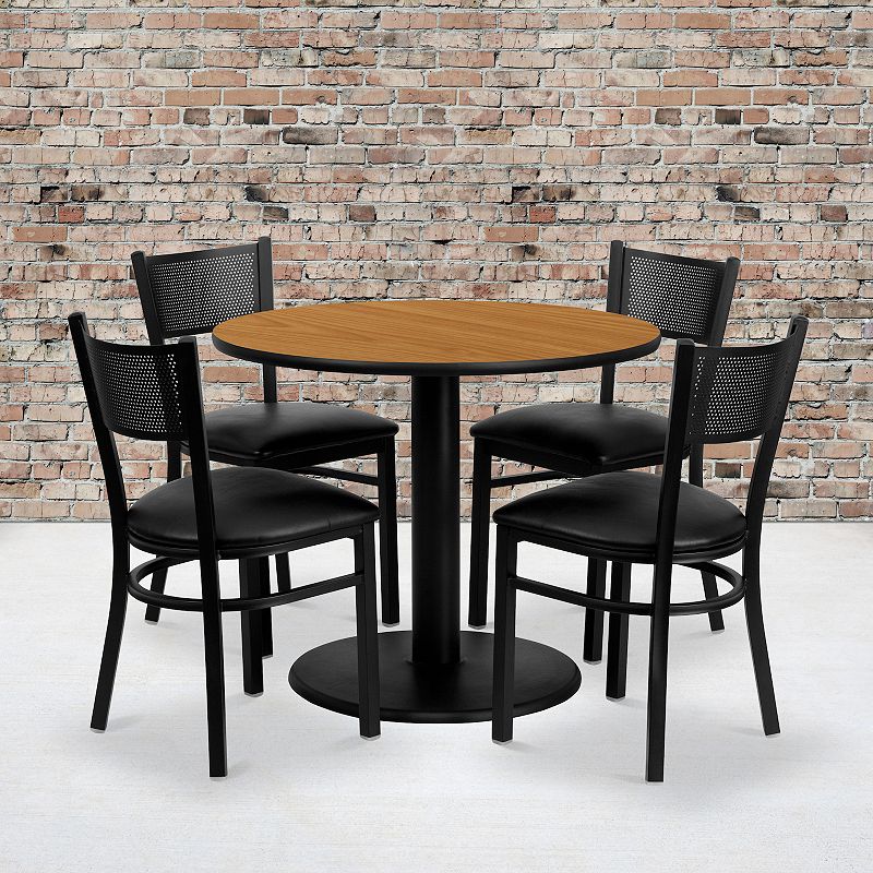 Emma and Oliver 36 Round Natural Laminate Table Set， 4 Grid Back Metal Chairs