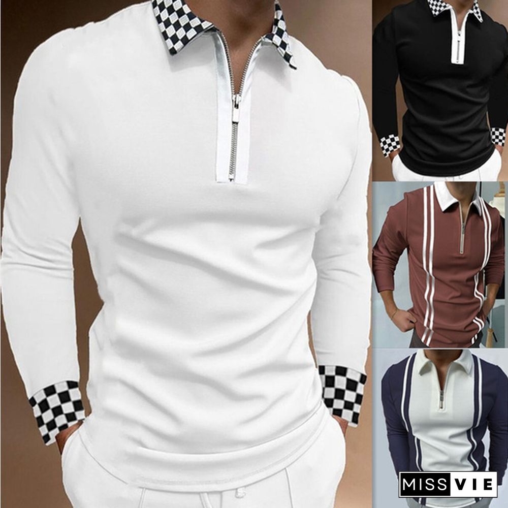 Men's Zipper Lapel Polo Shirt Plaid Print Long-sleeved T-shirt