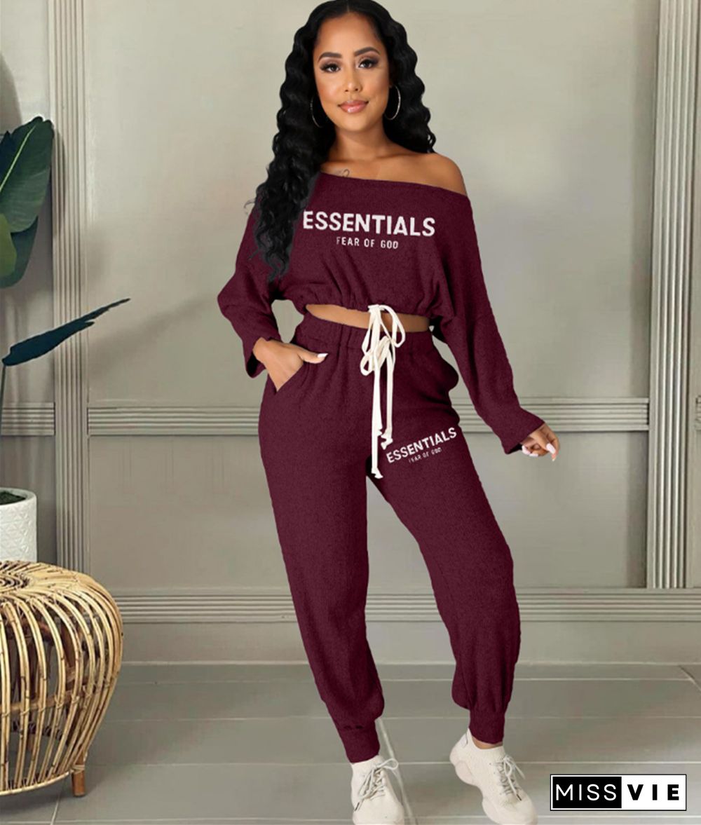 Letter Print Off Shoulder Crop Tops and Pants 2 Piece Sets