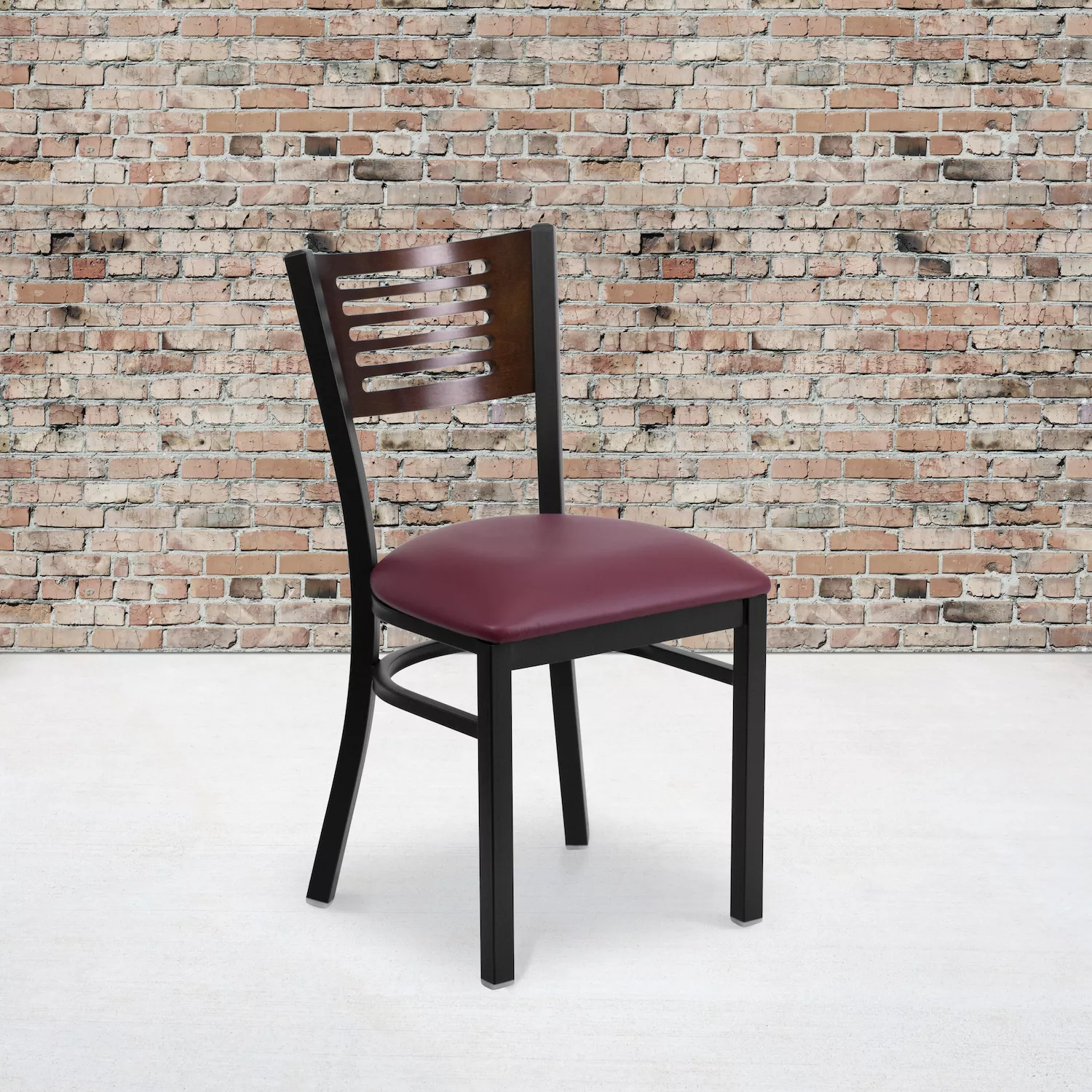 Emma and Oliver Black Slat Back Metal Restaurant Chair - Walnut Wood Back and Seat