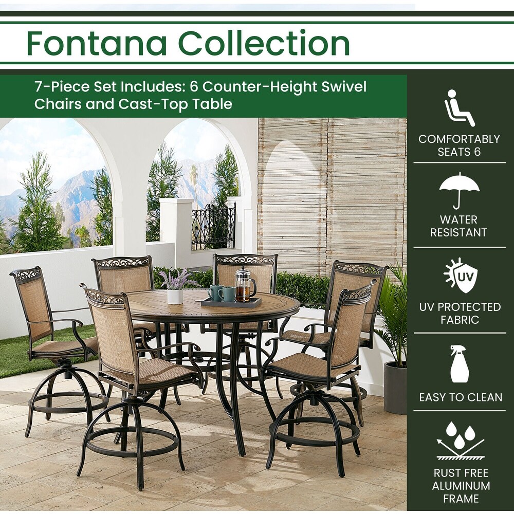 Hanover Fontana 7 Piece High Dining Set with 6 Counter Height Swivel Chairs and a 56 in. Tile Top Table