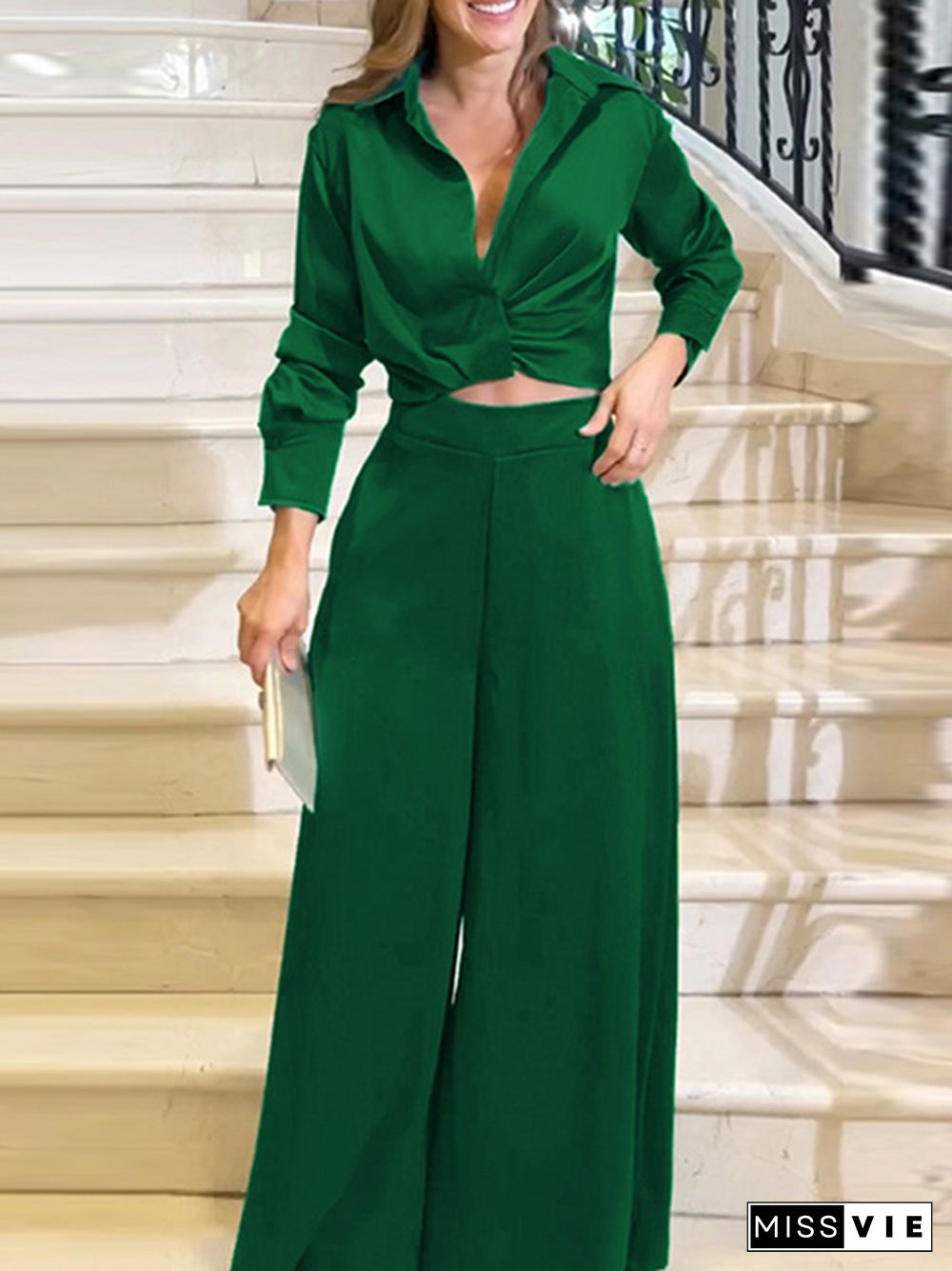 Long Sleeves Loose Buttoned Elasticity Pleated Solid Color Lapel Shirts Top + Pants Bottom Two Pieces Set