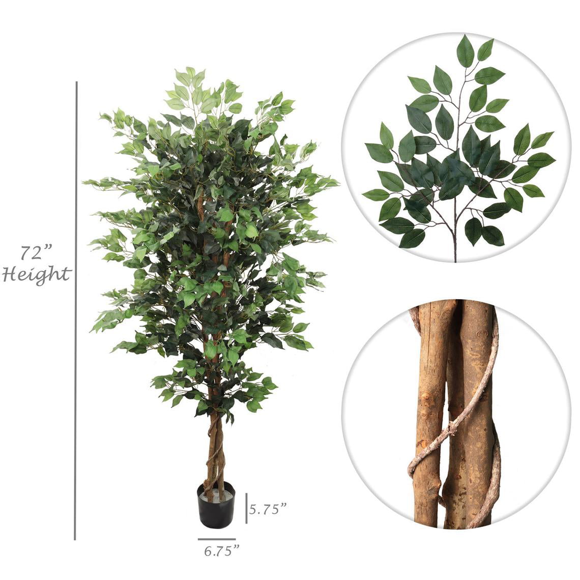 6’ Silk Ficus Trees w 1528 lvs UV Resistant, pre-potted, House Plant, Indoor Outdoor Plant, Artificial Ficus easily fits into a container