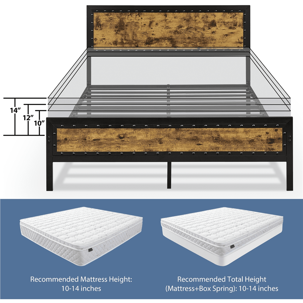 SMILE MART Industrial Metal Platform Bed with Wooden Headboard and Footboard, Rustic Brown, Queen