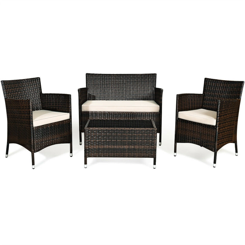 4 Pcs Rattan Wicker Patio Conversation Sets with Loveseat, Single Sofas, Coffe Table, Outdoor Bistro Set