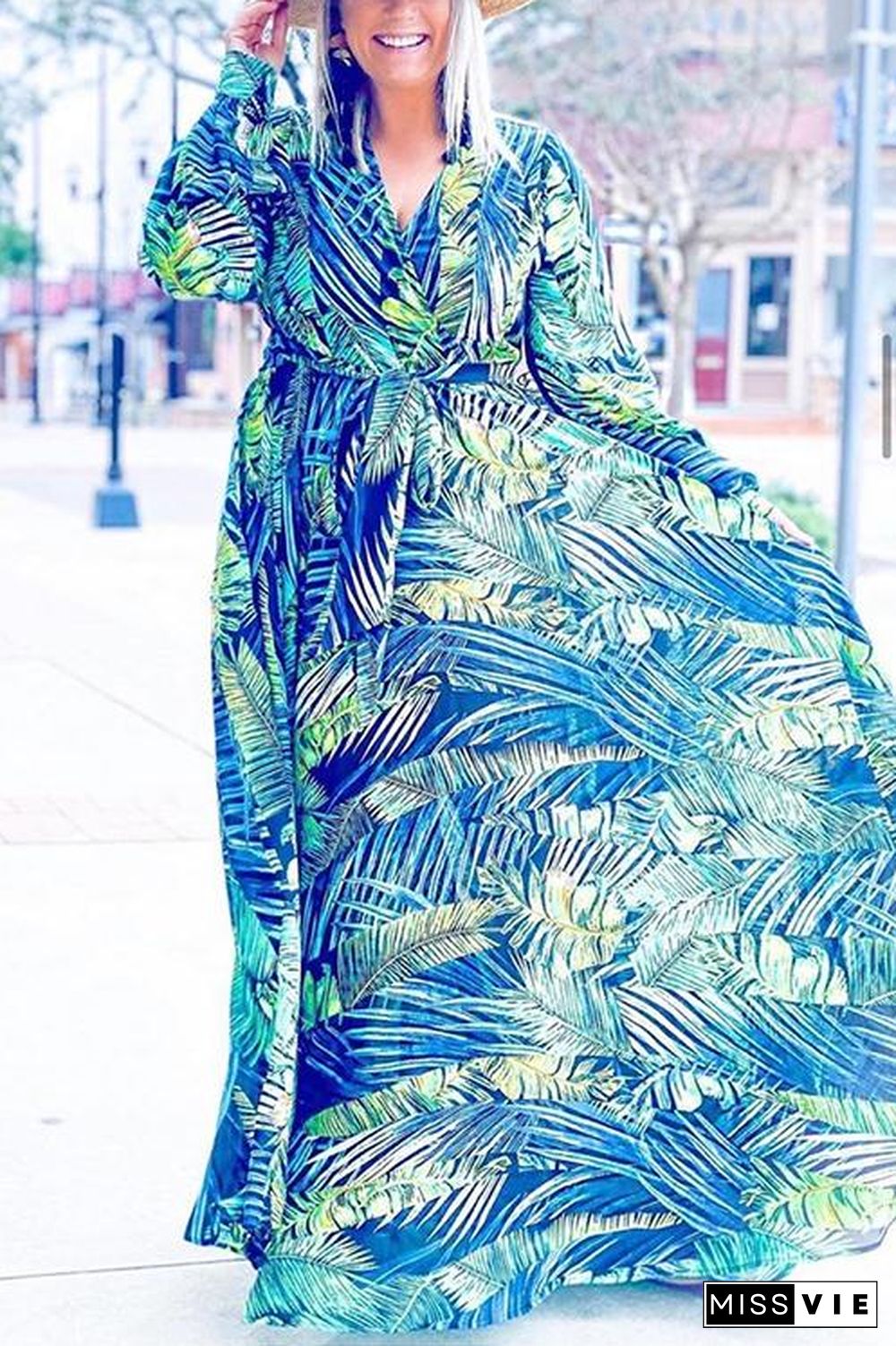 Leaf Print Belted Wrap Long Sleeve Maxi Dress