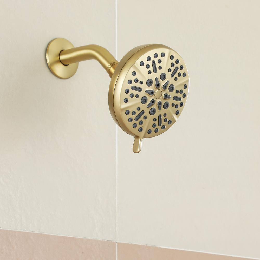 Boyel Living 5-Spray Patterns 5 in. Wall Mount Fixed Shower Head with 2.5 GPM and Stainless Steel Shower Arm in Brushed Gold TWSHA015-5BG