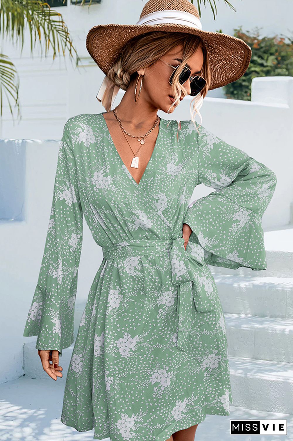 V Neck Wrap Flare Sleeves Floral Print Dress