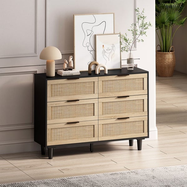 6 Drawer Dresser for Bedroom， Modern Rattan Closet Dressers Chest of Drawers， Wood Storage Cabinets Corner Bedside Table - - 37851519