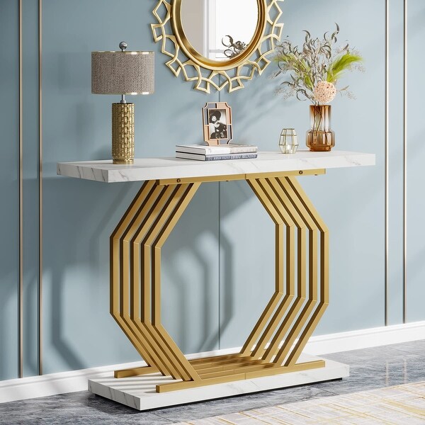 Gold Console Table， Faux Marble Entryway Table Narrow Sofa Table， 40 Inch Modern Accent Table Entrance Table for Living Room