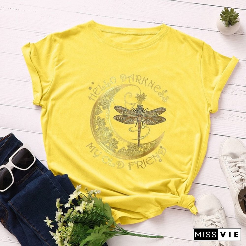 Women Summer T Shirts Plus Size Moon Dragonfly Letter Print Fashion Female Casual Streetwear Ladies Graphic Tee Tops