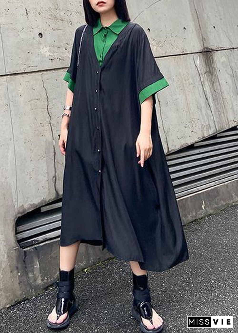 Vivid black cotton clothes Women lapel Button Down Maxi summer Dress