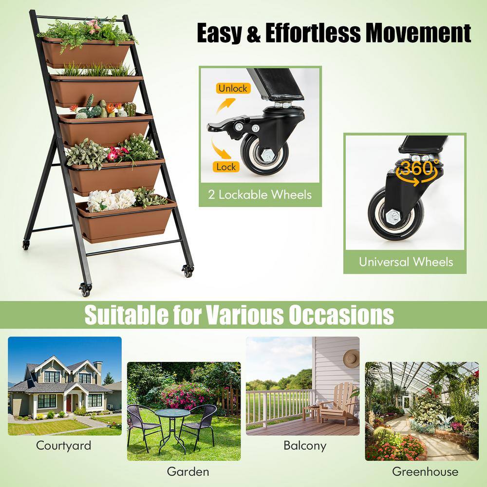 Costway 5-Tier Vertical Raised Garden Bed Elevated Planter with Wheels and Container Boxes NP10949CF