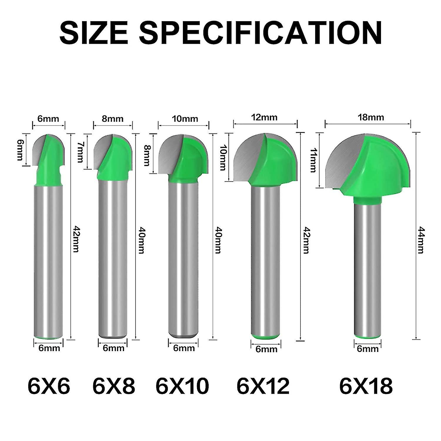 5pcs 6mm Shank Cutters Shank Router Core Bit Cutter Round Groove Woodworking Tools Grooving Cutter 6mm/8mm/10mm/12mm/18mm