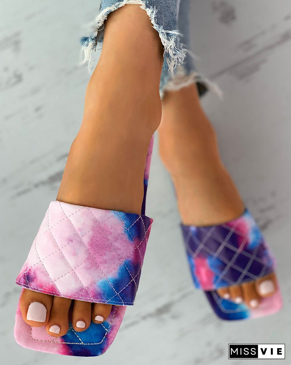 Quilted Tie Dye Print / Plain Squae Toe Slipper