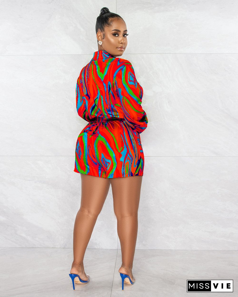 Turn Down Collar Causal Long Sleeve Print Rompers