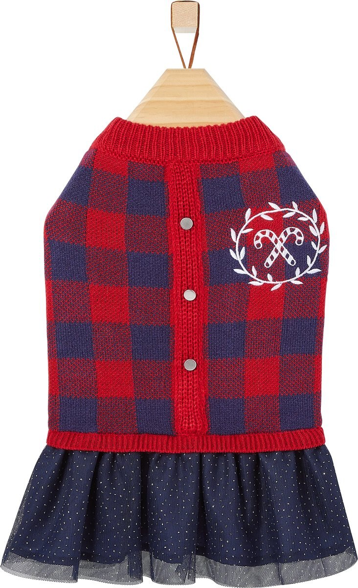 Frisco Candy Cane Plaid Dog and Cat Sweater Dress