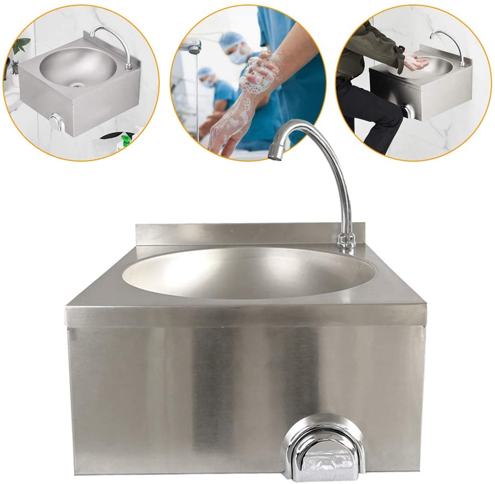 TFCFL Hand Wash Basin Stainless Steel Sink Wall Mount Knee-Operated Washing Basin with Faucet for Commercial and Home