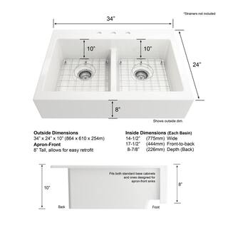 Glacier Bay Farmhouse Apron-Front Fireclay 34 in. 3-Hole Double Bowl Kitchen Sink in White with Bottom Grid 3ABRB-01-001