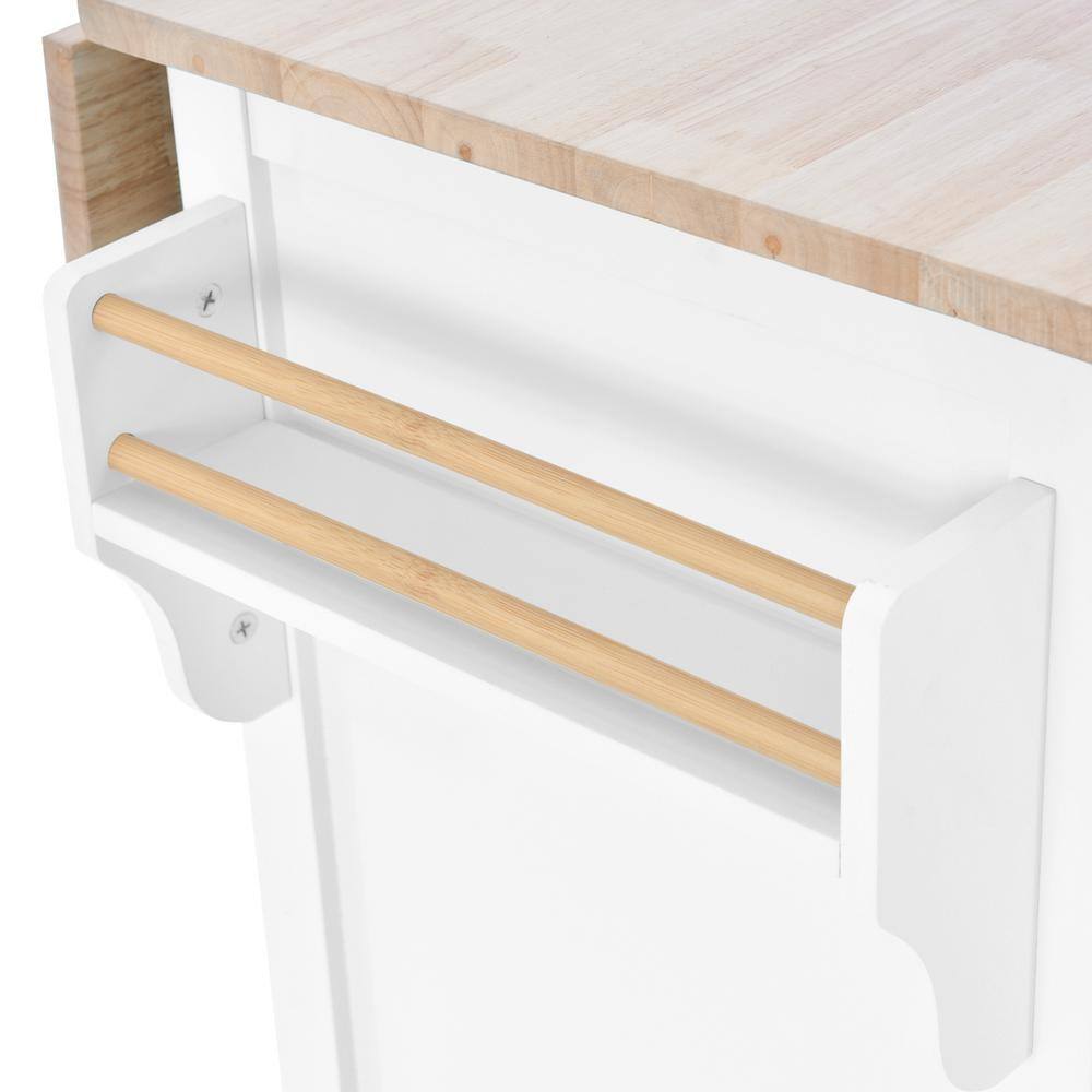 White Rubberwood Drop-Leaf Countertop 52.2 in. Kitchen Island Cart Sliding Barn Door with Storage and 2-Drawer EC-KIWW-9161