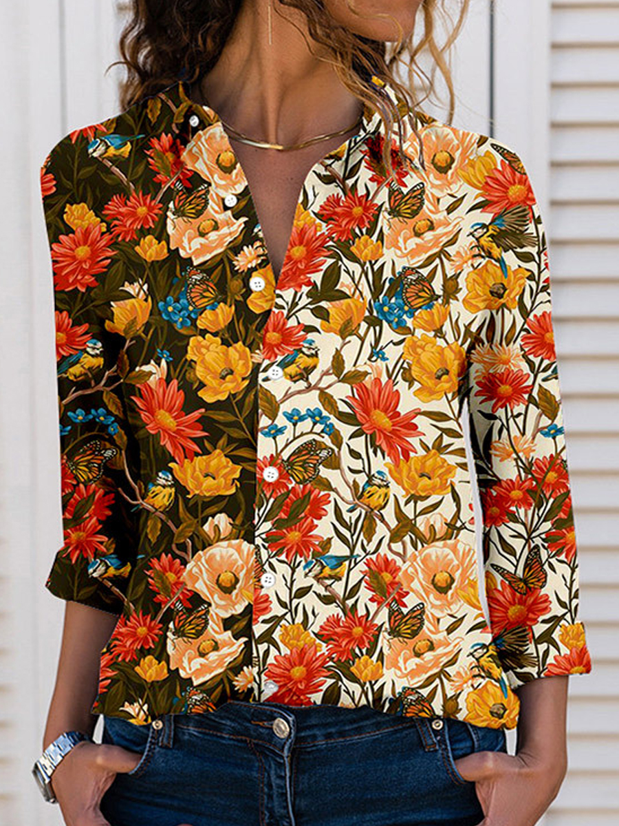 Casual Vintage Print Lapel Long Sleeve Shirt