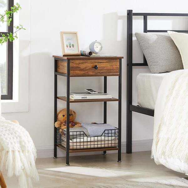 Taomika 1-Drawer Mid Century Modern Nightstand with Storage Shelves and Baskets - - 36349587