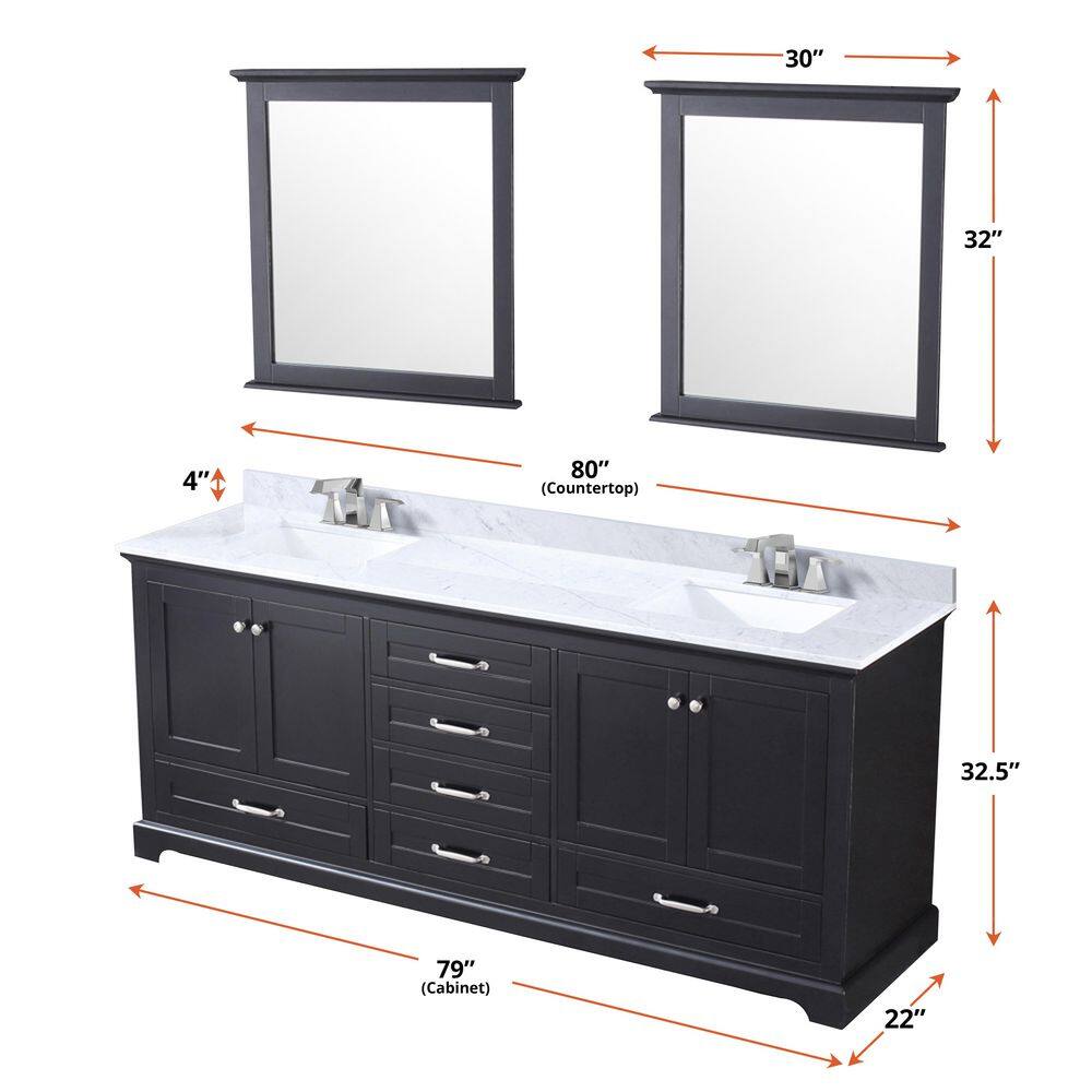 Lexora Dukes 80 in. W x 22 in. D Espresso Double Bath Vanity Carrara Marble Top and 30 in. Mirrors LD342280DGDSM30