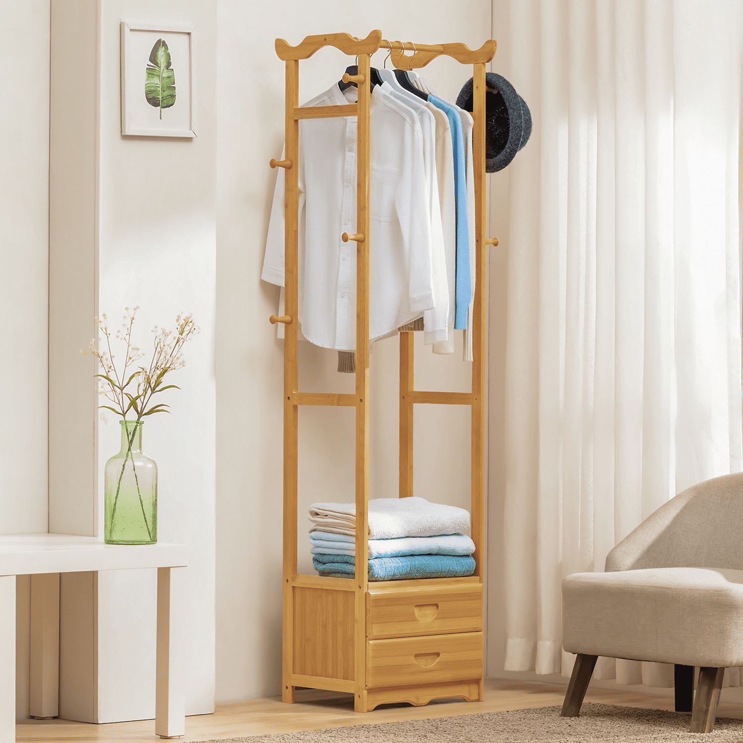 MoNiBloom Bamboo 2 Tiers 2 Drawers Coat Rack， Modern Clothes Storage Shelf， Natural， for Bedroom