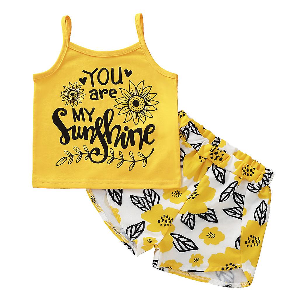 Toddler Baby Girl Summer Clothes Sleeveless Vest Tops Floral Shorts Pants 2pcs Casual Outfits Yellow 90cm