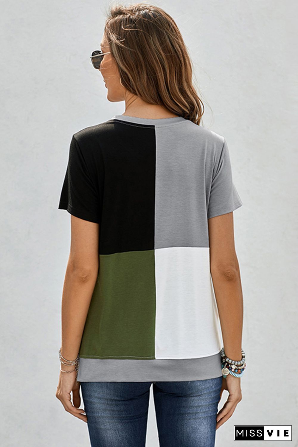 Army Green Colorblock T-shirt with Slits