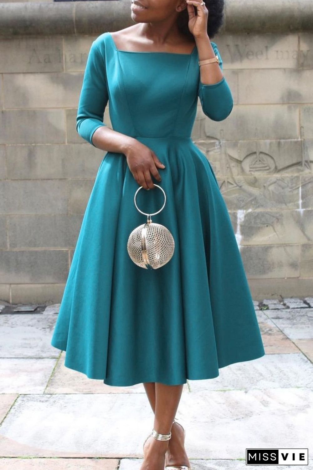 Green Casual Solid Basic O Neck A Line Dresses