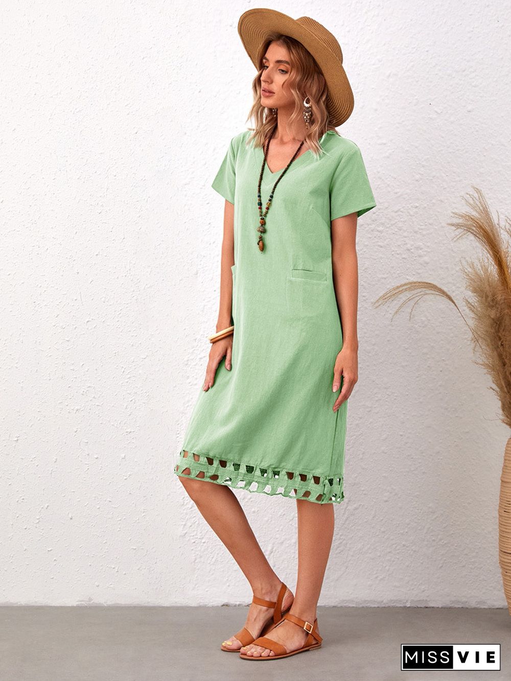 Fashionable And Versatile V-neck Short Sleeve Slim Solid Cotton Linen Dress