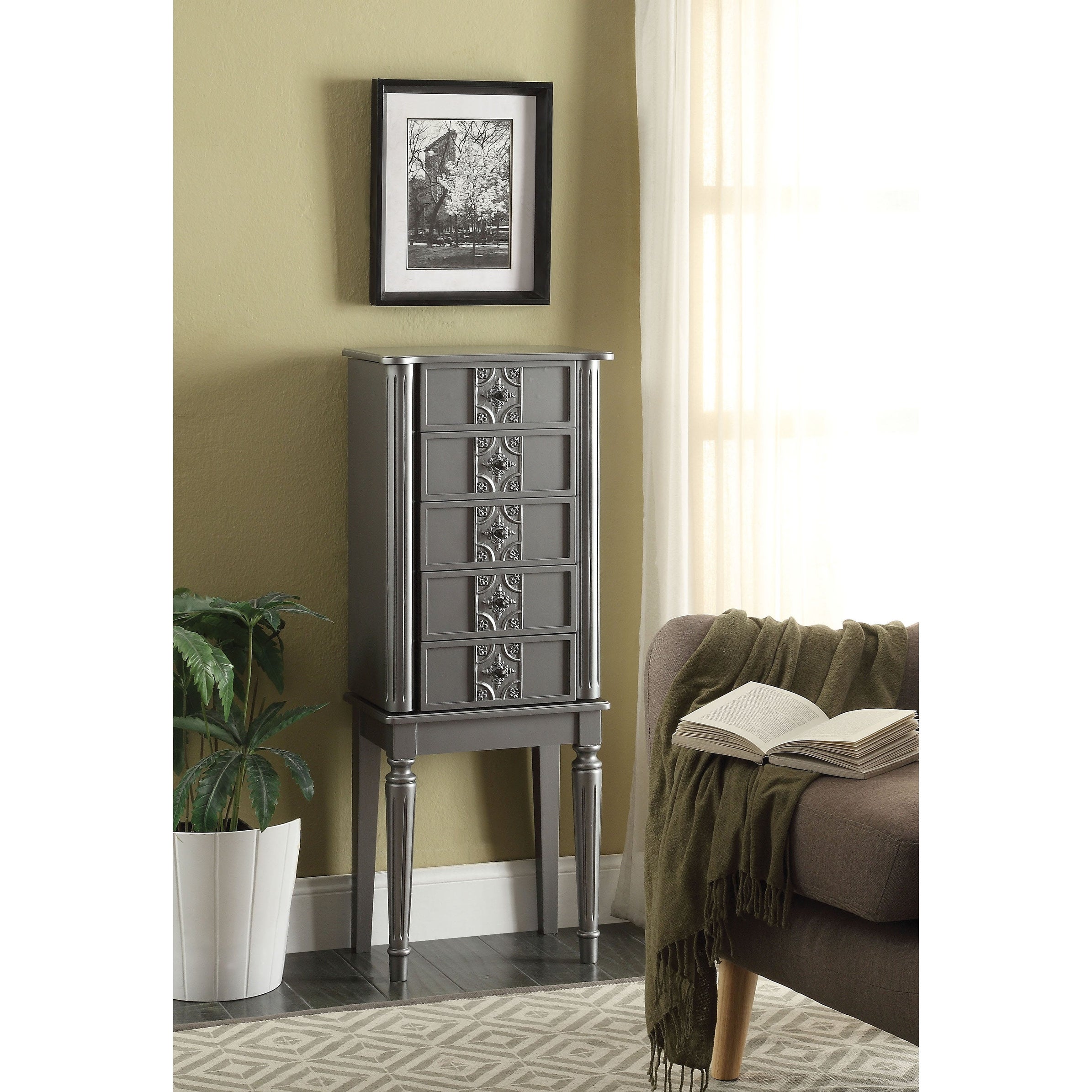 Wood Jewelry Armoire With 5 Drawers in Silver - - 22882531