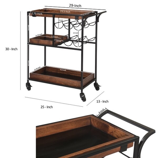 30 Inch Handcrafted Mango Wood Bar Serving Cart with Caster Wheels， 6 Bottle Holders， Tray Shelves，