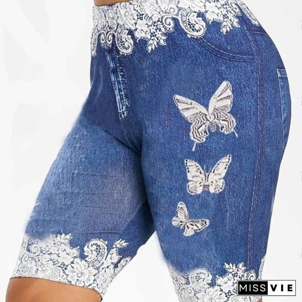 Women Fashion Plus Size Skinny Butterfly Print Casual Jeggings Faux Denim Jean Shorts Pants