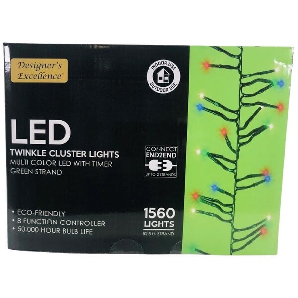 LED Twinkle Cluster Lights 52.5Ft Multi w/ Green Strand Connect End to End