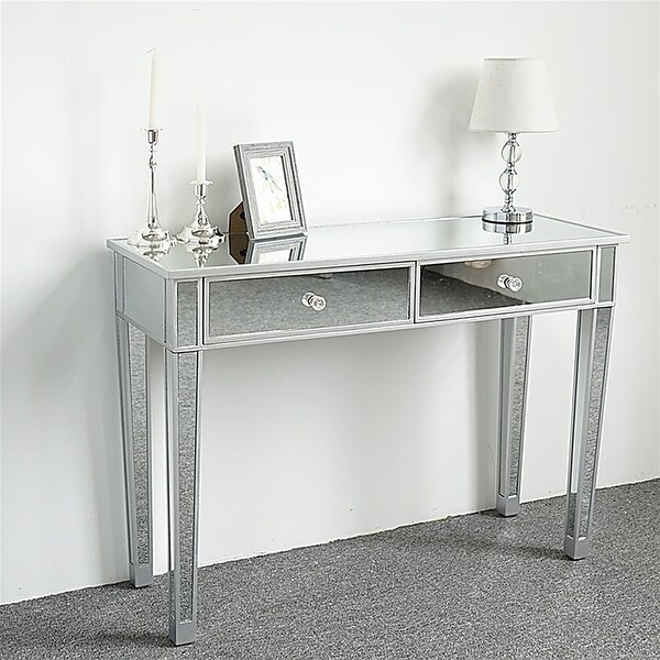 Mirrored 2-Drawer Media Console Table， Makeup Table Desk Vanity for Women Home Office Writing Desk Smooth Matte Silver Finish