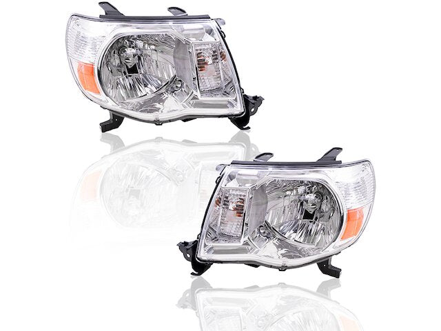 Headlight Assembly Set of 2 - Compatible with 2005 - 2011 Toyota Tacoma (Halogen with Bright Chrome Bezel) 2006 2007 2008 2009 2010