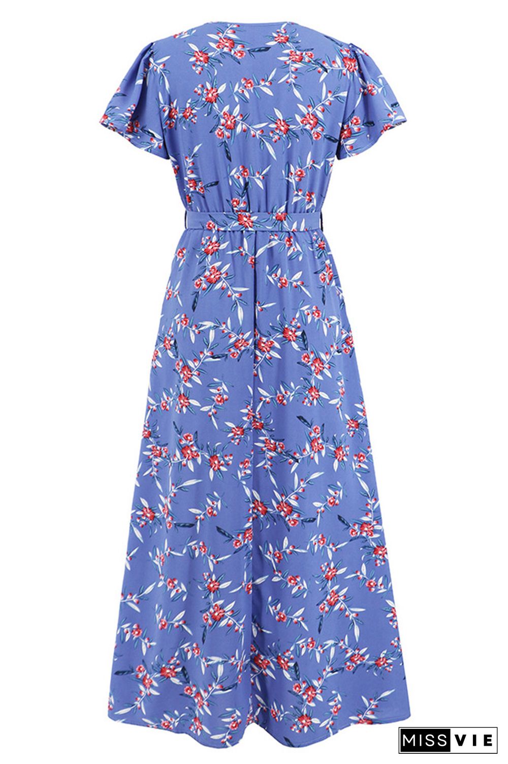 Flower Print Waist Tie Surplice Split Dress