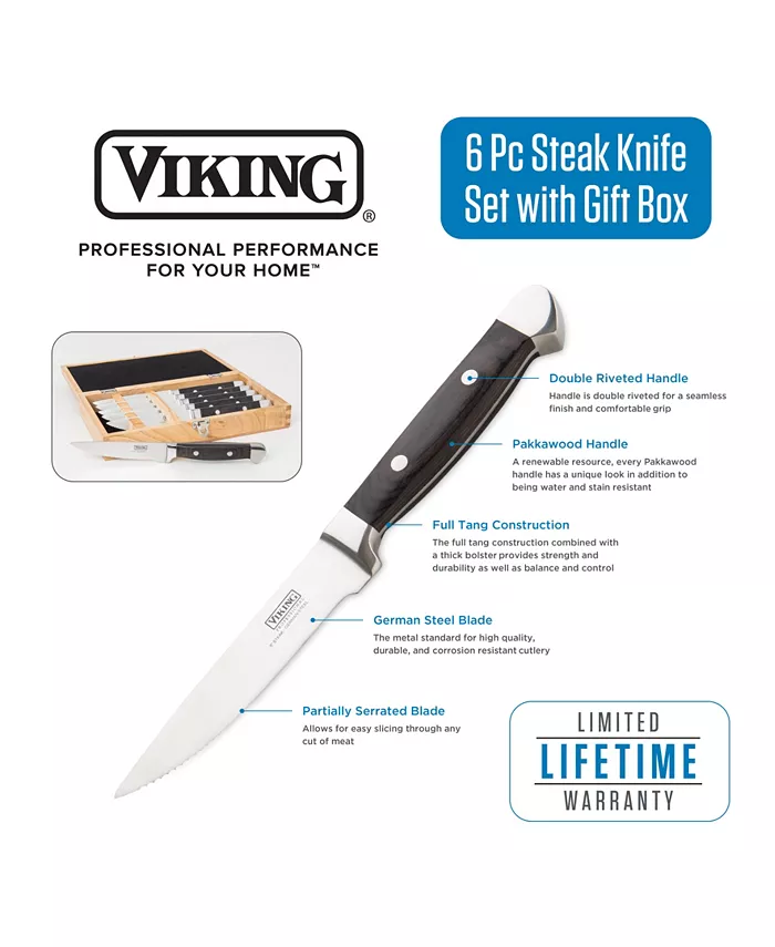 Viking 6 Piece Pakkawood Steak Knife Set with Box