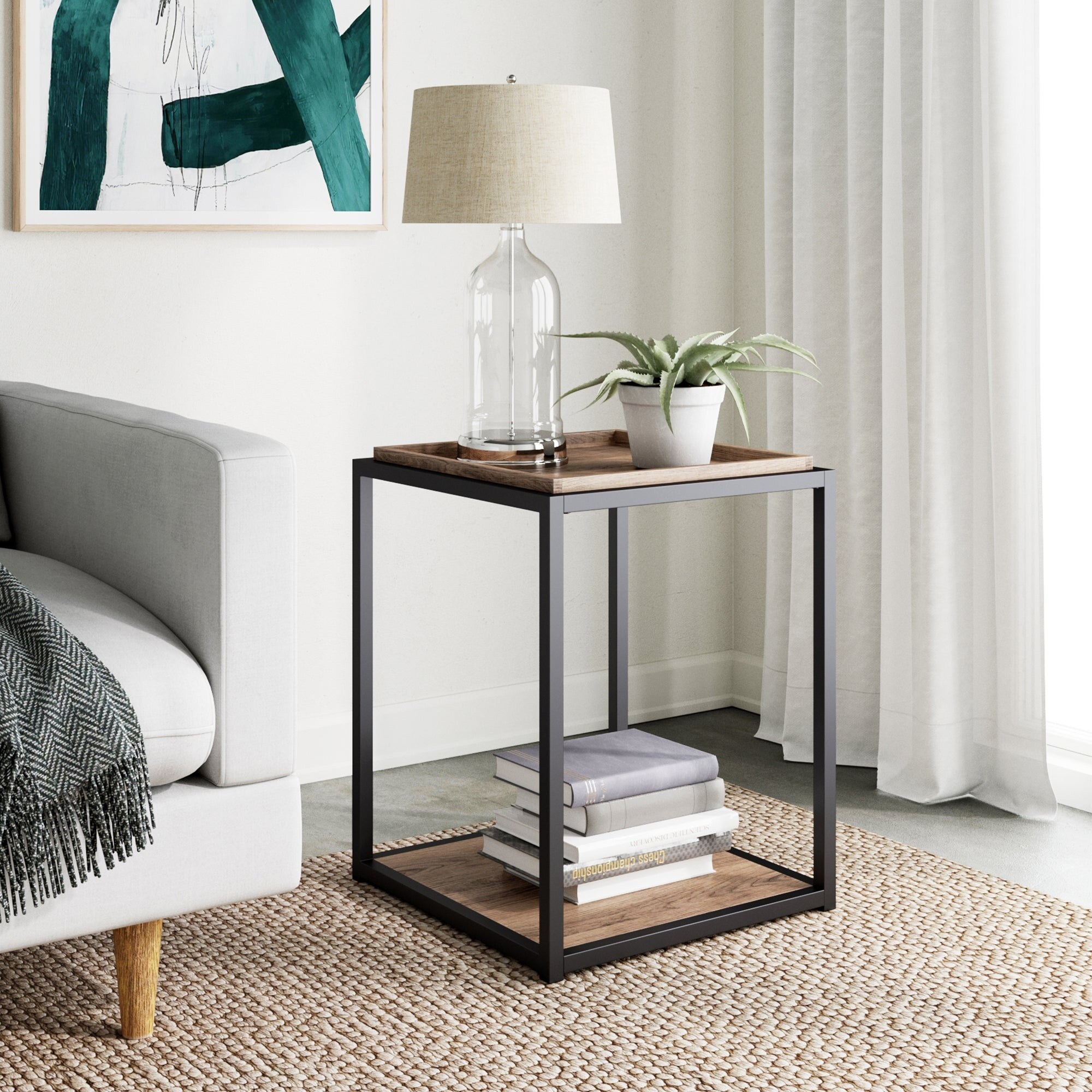 Nathan James Nash End Table with Tray Top Shelves and Metal Frame