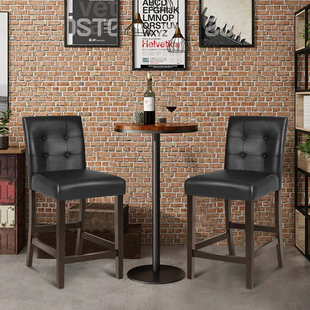 Gymax 39.5 in. Bar Stools High Back Counter Height Barstool Pub Chair Rubber Wood Black (Set of 2) GYM04737