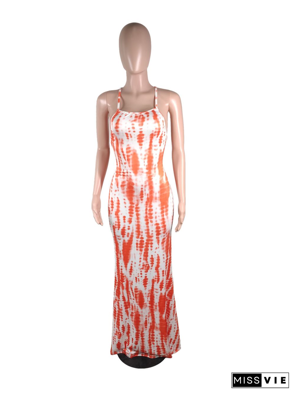 Sexy Backless Sleeveless Tie-dye Long Dress