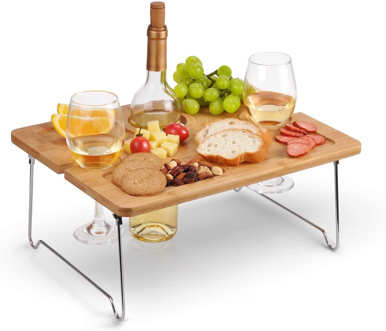 Tirrinia Outdoor Wine Picnic Table， Folding Portable Bamboo Wine Glasses and Bottle， Snack and Cheese Holder Tray for Concerts at Park， Beach， Ideal Wine Lover Gift