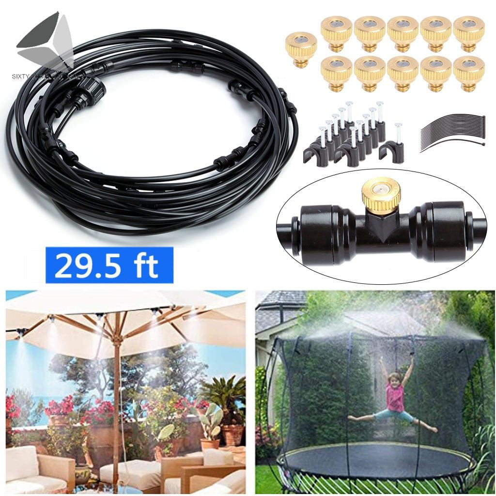 Sixtyshades Garden Patio Water Misting Cooling System 9M/29.5FT Misting Line with 11 Brass Mist Nozzles Outdoor Misters Automatic Plant Watering System for Greenhouse Trampoline Waterpark