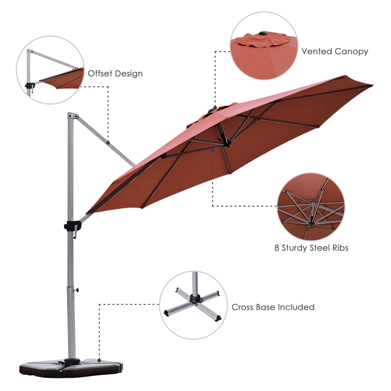 11 FT Patio Offset Cantilever Umbrella 360° Rotation Tilt with Cross Base & Crank Handle