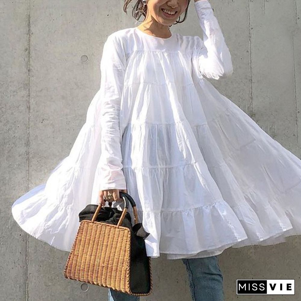 Plus Size Women Casual Loose Long Sleeve Ruffled Mini Dresses Solid Color Holiday T-shirt Dress Blouse Tops Robe Femme