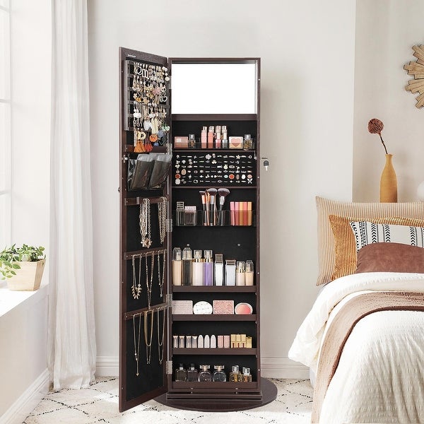 360° Swivel Jewelry Cabinet， Lockable Jewelry Organizer with Full-Length Mirror， Rear Storage Shelves， Rustic Brown - - 35257492