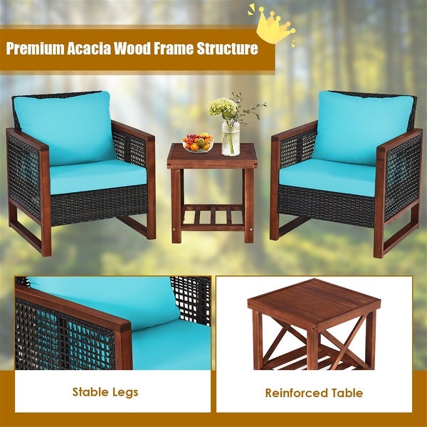 3PCS Patio Wood Wicker Conversation Furniture Sofa Set with Cushion - Overstock - 37500666