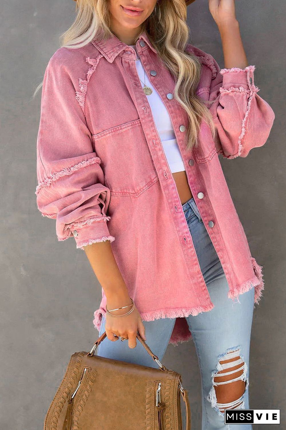 Candy Color Button Pockets Raw Trim Denim Jackets